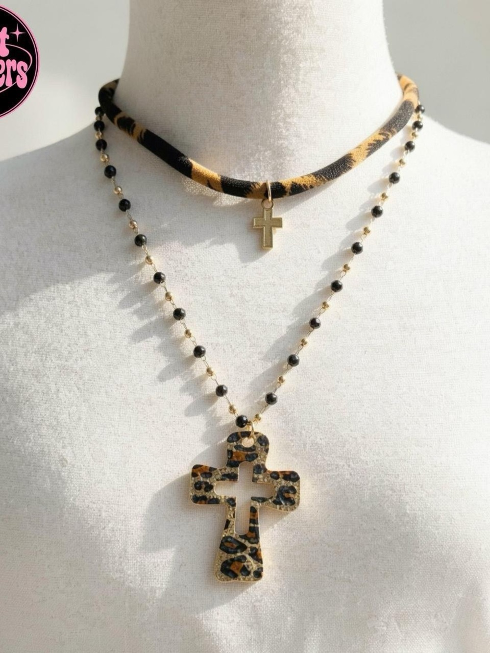 Leopard print necklace with gold cross and black beads